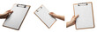 © Druvh - Set of hands holding a wooden clipboard with blank white paper, isolated on white background, business document mockup and office stationery concept.