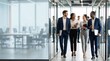 © WisChi - Diverse group of professionals walking and talking in a modern office hallway with glass walls