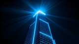 A towering skyscraper illuminated with blue neon lights against a dark night sky, emitting radiant beams from its peak.