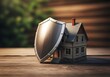 © Blind  - Miniature house protected by a shield on wooden surface symbolizing asset protection and property security. Copy space
