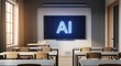 © Dewi Hafni Rezeki - Illuminated AI text glows on a large screen in an empty, modern classroom, highlighting the future of education and technology