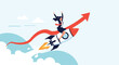 © Mehedi - Successful businesswoman rides a rocket shaped like a rising arrow through the clouds symbolizing rapid business growth and takeoff.