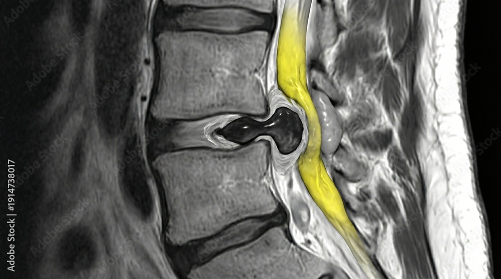 Compressing Spine Illustration Stock Lumbar spine MRI scan revealing a herniated disc ...