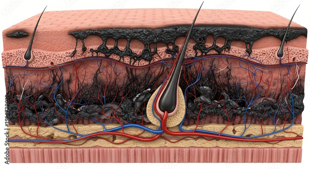 Ilustração Detailed cross section of human skin layers showing hair ...