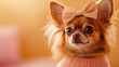 © burntime555 - Cute Chihuahua with a pink bow and sweater, posing with charm against a warm background