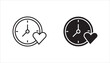 © Abdul - Outline clock icon with heart symbol representing love time, relationship priority, work life balance, care schedule, or romantic reminder concept. Minimal black vector isolated on white background.
