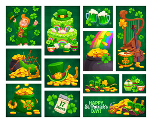 St Patrick's day holiday collage or banners. Saint Patrick day celebration, Ireland holiday greeting card or banner with golden coins, cake, musical instruments and leprechaun hat, shoes, smoking pipe