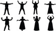 © Shain - Set of theater actor silhouettes with various dramatic expressions, holding masks and performing on stage, black and white vector illustration