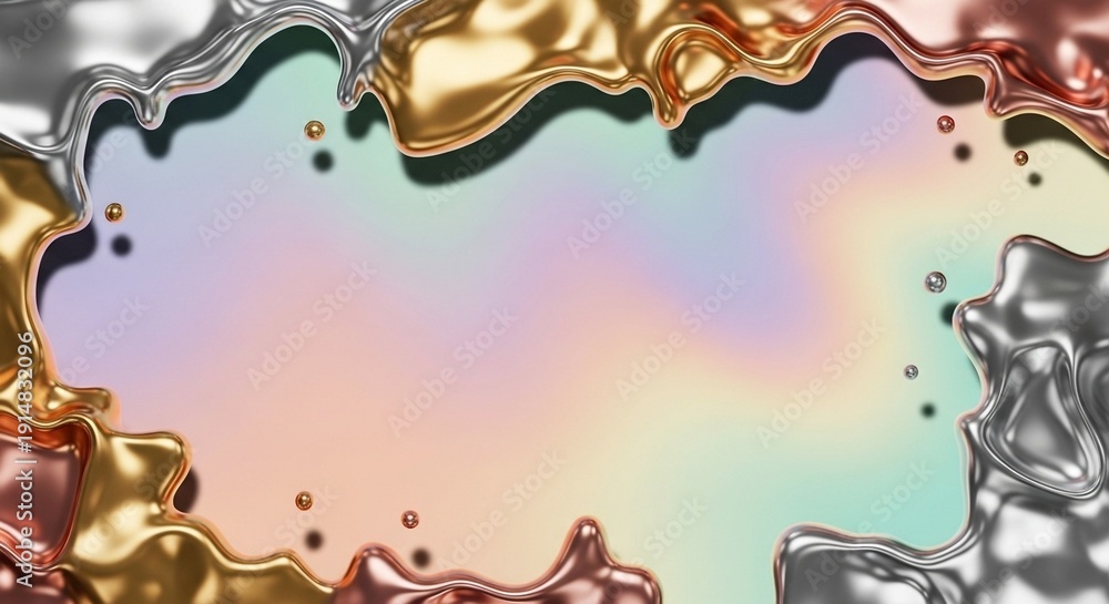 Metallic liquid shapes on pastel rainbow background abstract background ...