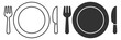 © Pavlo - Restaurant and dining icon set, plate with fork and knife, food service emblem in flat and outline design on transparent background