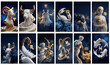 © Yuliya - Сollage of the twelve zodiac signs, Luxury collection in white marble and gold 3D render on dark blue starry background. For astrology posters, horoscopes, calendars, tarot.