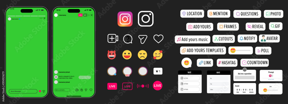 Instagram Stories and Live Tools UI Mockup with Green Screen Background ...