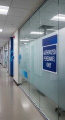  Modern Office Corridor With Sign Indicating Authorized Personnel Only, Minimalist Design
