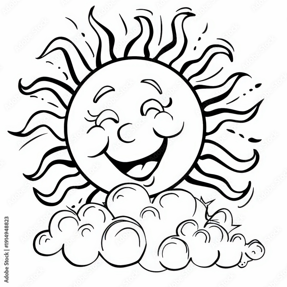 Happy Cartoon Sun Character with Smiling Face and Fluffy Cloud Coloring ...