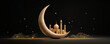 © Fariha - 3d rendering of the arabic calligraphy text ramadan kareem and a mosque with a glowing effect on a black background, a ramadan kareem banner template design concept. perspectives of a mosque with a go