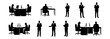 © ElementHub - Architectural people silhouette vector office work activity. sitting at computer desk, typing on laptop, standing presentation. elevations, and floor plans with side, front, and top views. Vector