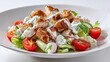 © fivan - Chicken salad with yogurt dressing variation, minimalist white background, bright editorial lighting