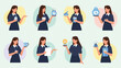 © Lyman - Collection of women in dark blue dresses holding different objects like a cup clock and clipboard in various presentation poses.