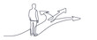 © Jolly J - Man choosing direction continuous one line drawing. Minimalist vector outline illustration of male figure facing multiple arrows path options.