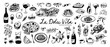© Anastasiia Hevko - Doodle sketch Italian brunch food illustration. Hand drawn dinner, brunch and breakfast clip art. La dolce vita - sweet life in Italian. Retro crayon drawn pasta, wine, pizza, charcuterie and coffee.