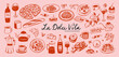 © Anastasiia Hevko - Hand drawn Italian whimsical doodle sketch clip art. Vintage La dolce vita (sweet life in Italian) icons. Crayon or brush drawn cheese, coffee cup, glass of wine with pasta, eggs or cheese.