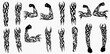 © Adji - Set of tribal tattoo designs for full arm and bicep sleeves, featuring intricate patterns and abstract shapes, isolated on a transparent background.