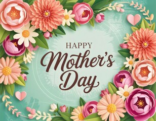  Happy Mother's Day illustration with blooming spring flowers, pink hearts, and decorative floral border on a pastel green background for greeting cards and celebrations.