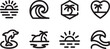 © KDP Coloring Pages - Collection of eight black and white line art icons representing summer and beach themes including sunrises, waves, palm trees, and a dolphin