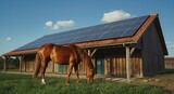 Relaxed horse nibbling grass next to solar panels on a farm building roof
