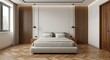 © pngking - Master bedroom in minimalist contemporary space with parquet flooring double bed pillows and pendant lamp luxury interior design template and copy space