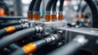 © valeo5 - Industrial Hydraulic System with High Pressure Hoses and Chrome Connectors on Metal Manifold Block for Manufacturing Machinery, Engineering Equipment, and Heavy Duty Fluid Power Technology