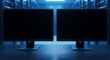 © GUNARTOGRAPHY - Two blank computer monitors stand on a desk in a server room with blue lighting.