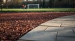 © CreativeBro - Outdoor yard with blurred sports background and clear transition dividing playground mulch and tiles