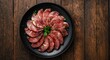 © AIArtistry - Raw pork meat slices garnished with fresh herbs on black plate set on rustic wooden surface