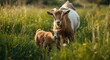 © NFTNexus - Friendly female goat and kids exploring dense green lawn full length summer outdoor