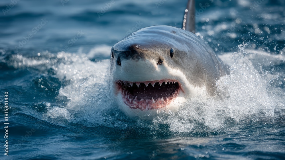 Fotografie Fierce Great White Shark emerges from blue water with mouth ...