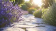 © StasySin - A stone path lined with purple flowers leads through a garden. The flowers are in full bloom, creating a beautiful and serene atmosphere. The path is well-maintained