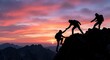 © Yuliia - Team of climbers helping each other reach mountain summit at dramatic sunset with pink and purple sky. Teamwork and leadership concept for business success.
