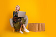 © deagreez - Glamorous mature woman with laptop sits in a chair with shopping bags on bright yellow background