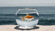 © moo - Goldfish in a fishbowl on a sandy beach with the sea in the background. Concept of freedom, confinement, or paradox, suitable for metaphoric imagery.