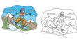 © SHOHAG - Cartoon snowboarder jumping in winter mountains vector illustration with black and white coloring page outline for kids activity book or design element.
