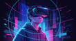 © Faadi - Young man wearing vr headset in futuristic neon lit environment with digital graphics