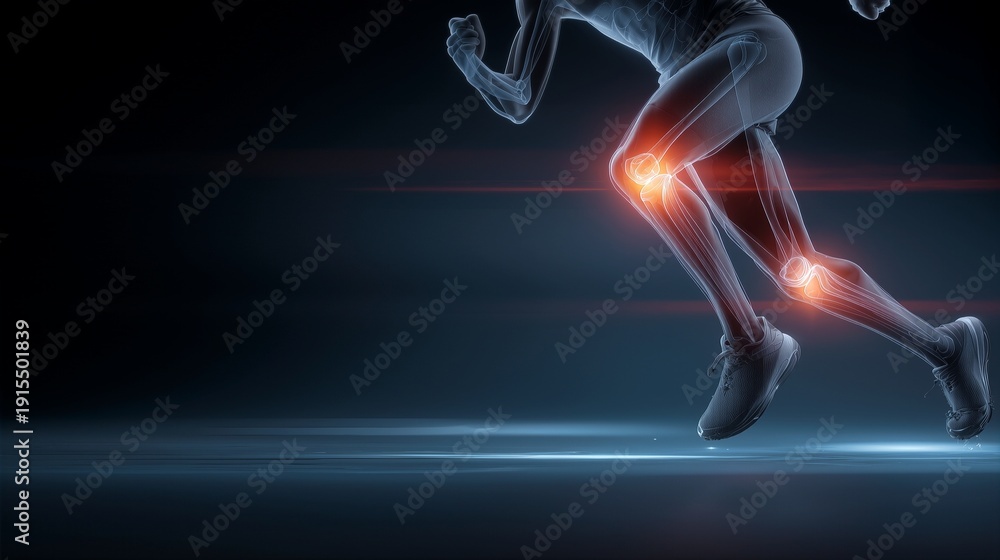 The runner's legs are highlighted, showing possible injuries. A medical ...