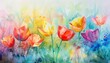 © V Art - Vibrant watercolor illustration of colorful flowers blooming in a sunny garden setting with a soft abstract background