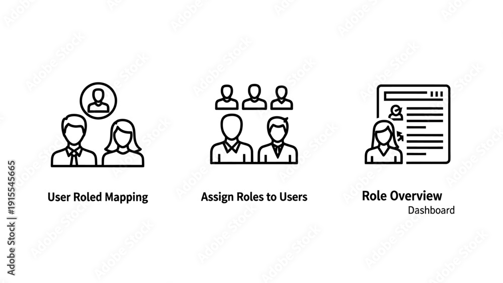Black Outline Icons illustrating User Role Mapping, Role Assignment ...