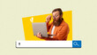 © Prostock-studio - A man with glasses shows surprise while looking at a laptop screen. The background features a bright yellow and a search bar design. This collage creates a lively atmosphere for online activity.