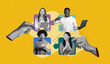 © Prostock-studio - Four individuals are shown in a collage. They are engaged in using different devices. People share ideas and communicate with each other in a workspace. The background is simple and colorful.