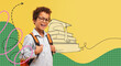 © Prostock-studio - A schoolboy with curly hair and glasses stands smiling against a yellow background. He carries an orange backpack and seems ready for a day at school filled with fun and learning.