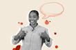 © Prostock-studio - A person is showing a thumbs up with a big smile. There are speech bubbles and colorful dots in the background. This collage captures a positive feeling, inviting interaction and joy.