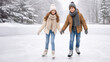 © Nataliia Pyzhova - Cute happy girl and boy ice skating on frozen lake in snowy forest. Winter holiday fun and friendship concept.